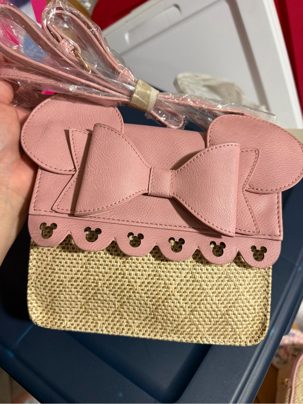 Disney Pink Bow Ear Crossbody Bag with Straw Body
